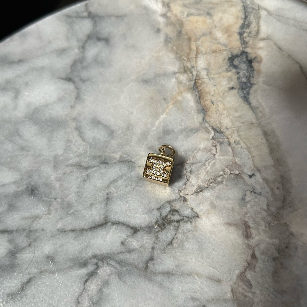 CELINE Gold Rhinestone Cube Logo Charm